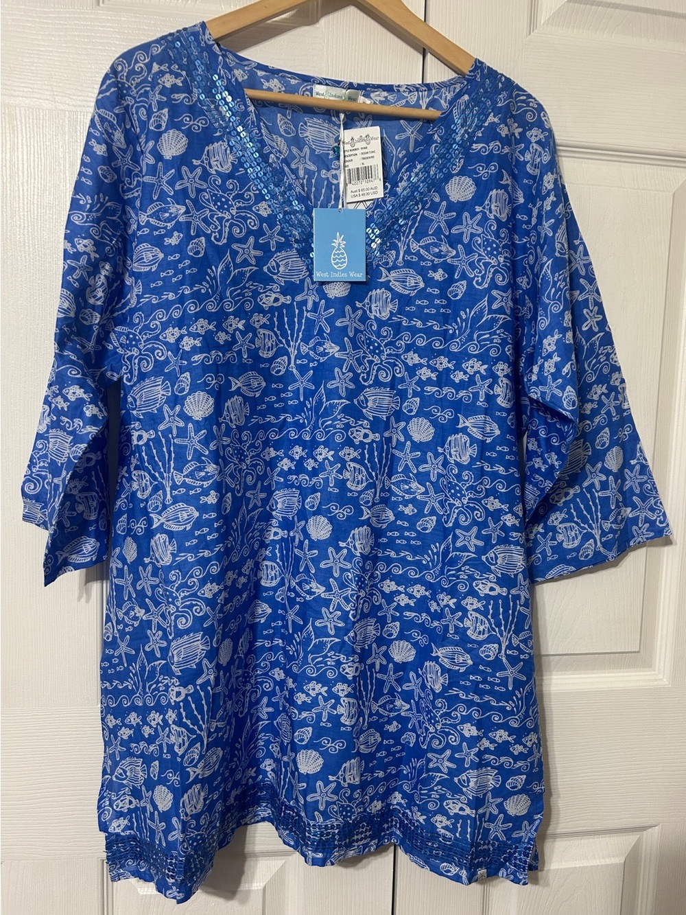 West Indies Wear Beach Tunic Cover Up Blue Ocean Seaside Cotton NWT Women’s XL
